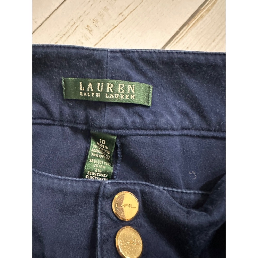 LRL Ralph Lauren Slim Blue Pants Size 10 Mid Rise Gold Buttons Career Casual - Picture 7 of 8